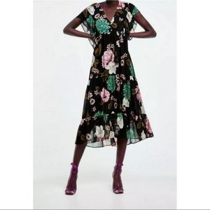 Zara Black Floral Print Tiered Midi Dress Size XS-S
